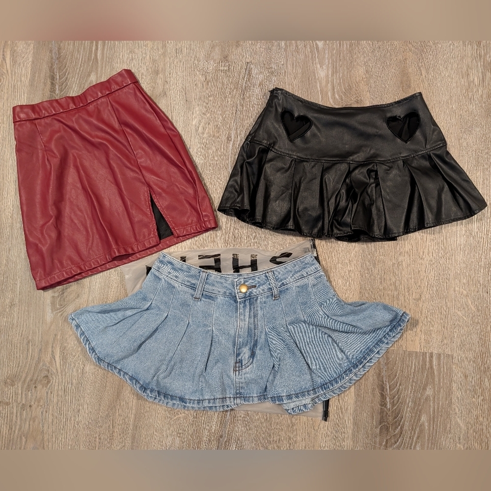Mini Skirt Lot Of 3- Denim, PU Leather, Cutouts, Built In Shorts